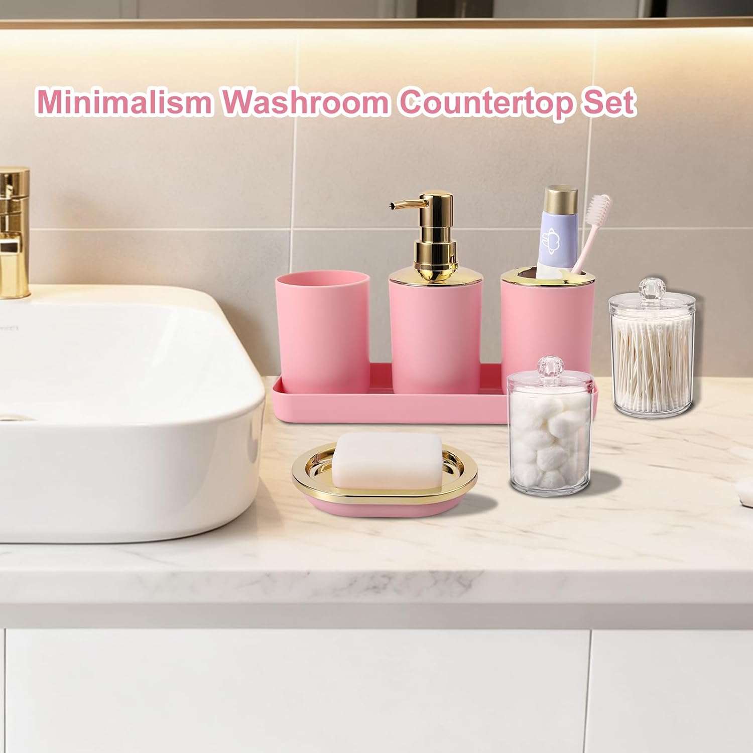 25 Pieces Bathroom Set Orange and Gold Bathroom Accessories Set, Shower Curtain and Rugs, Trash Can, Toilet Brush, Soap Dispenser, Soap Dish, Toothbrush Holder, Tumbler, Tray, Qtip Holder