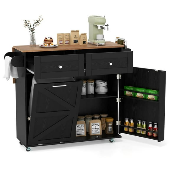 Resenkos Kitchen Cart, Kitchen Island Cart,Rolling Kitchen Island with Trash Can Cabinet and Rubber Universal Wheels-Black
