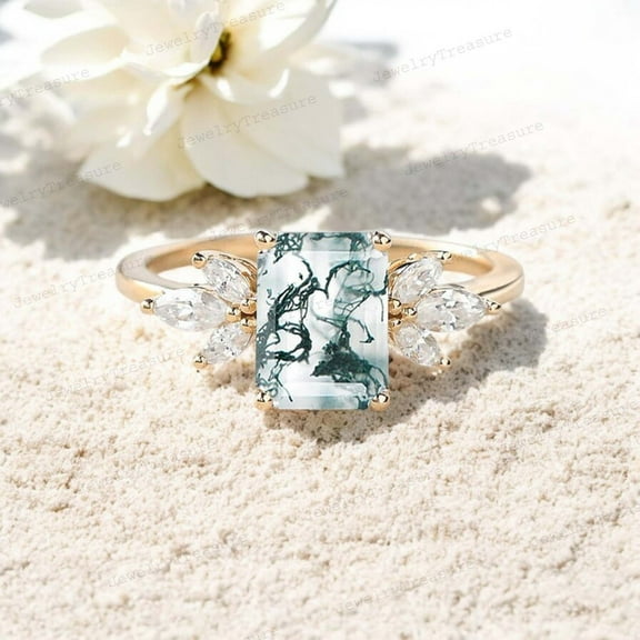 JEWELRYTREASURE 8x6 mm / 1.2 Ct Moss Agate Ring Yellow Gold Plated Engagement Ring Marquise Cut CZ Diamond Cluster Jewelry Anniversary Gift for Her
