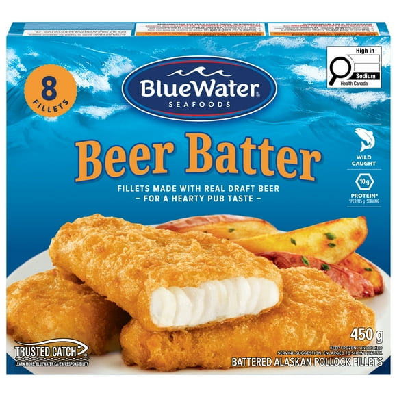 Filets en pâte à la bière BlueWater Seafoods, Goberge sauvage, Congelé, 8 morceaux, Emballage de 450 g Filets de goberge sauvage en pâte à la bière