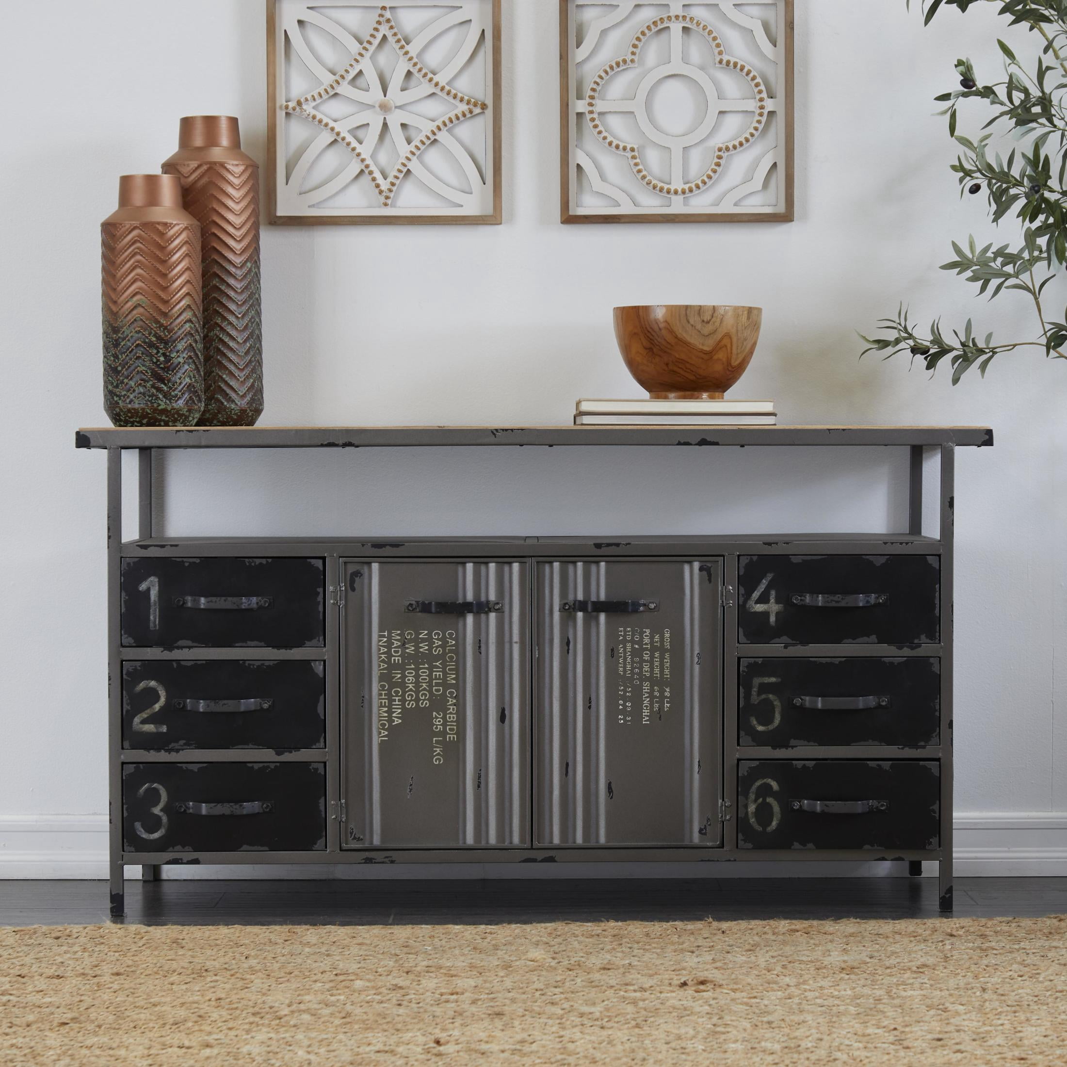 DecMode 56" x 30" Gray Metal Army Surplus Style 2 Door and 6 Drawer Sideboard with Numbers and Text, 1-Piece