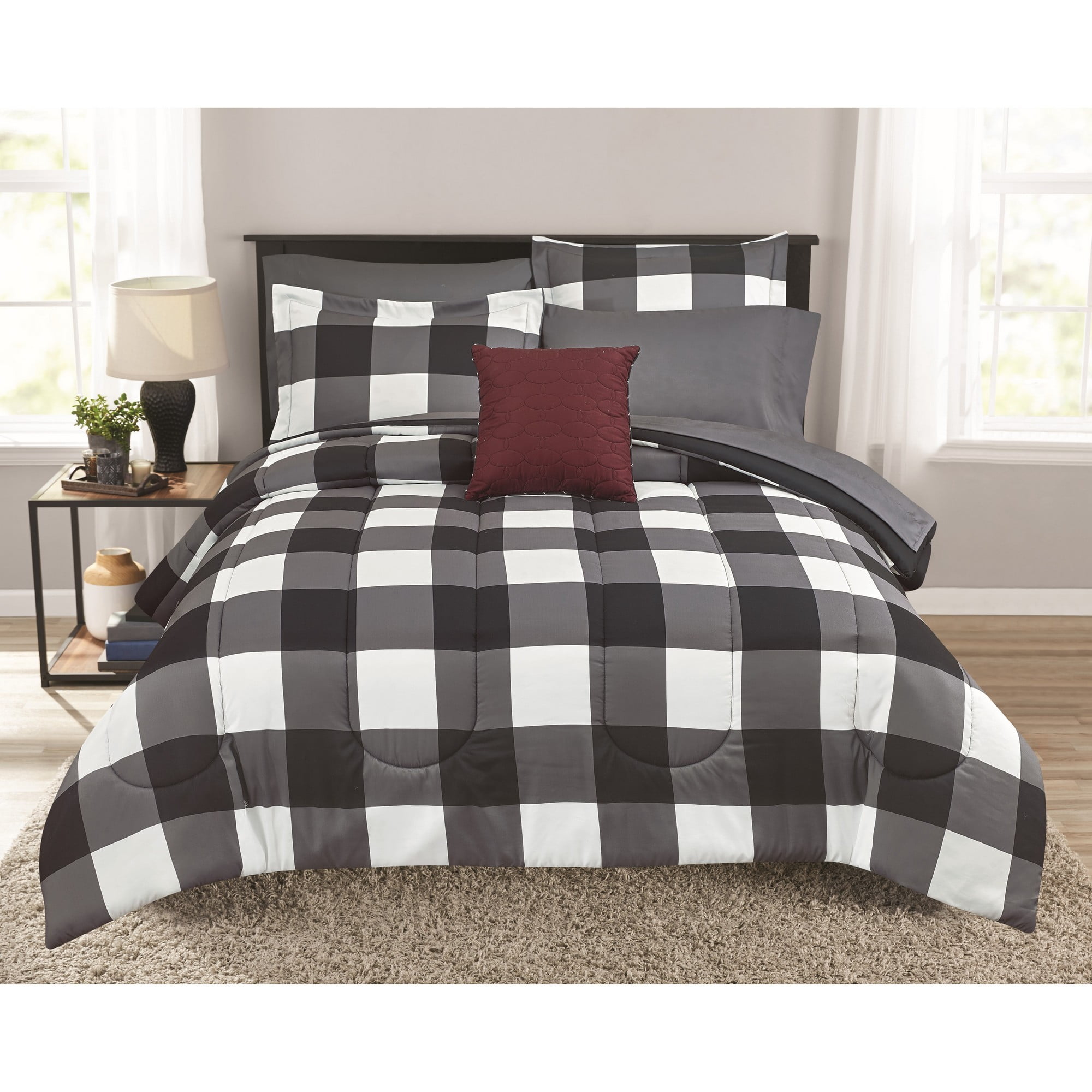 Mainstays Buffalo Plaid Reversible Microfiber Black/White 8-Piece Bed
