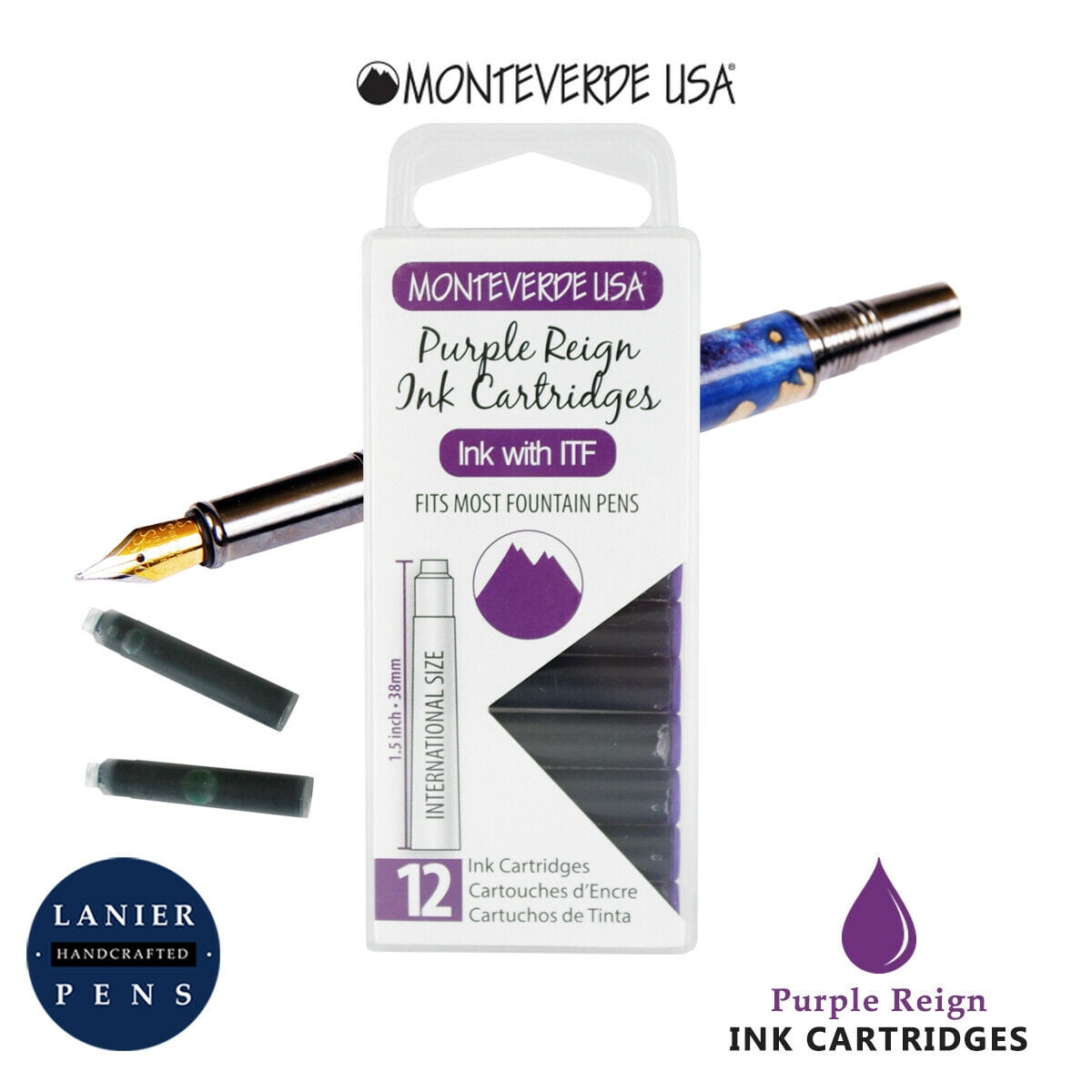 Monteverde G305PR Ink Cartridges Clear Case Gemstone Purple Reign- Pack of 12