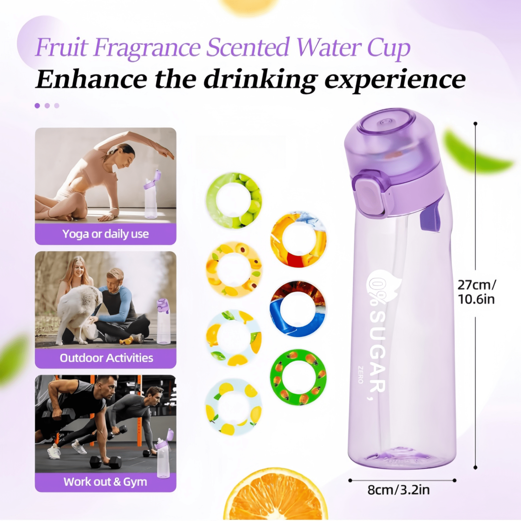 Clear Scented Water Bottle with 7 Flavor Pods - 650ml BPA-Free Tritan Sports Bottle, Leakproof Fruit Aroma Cup for Fitness, Gym & Outdoor (Black)