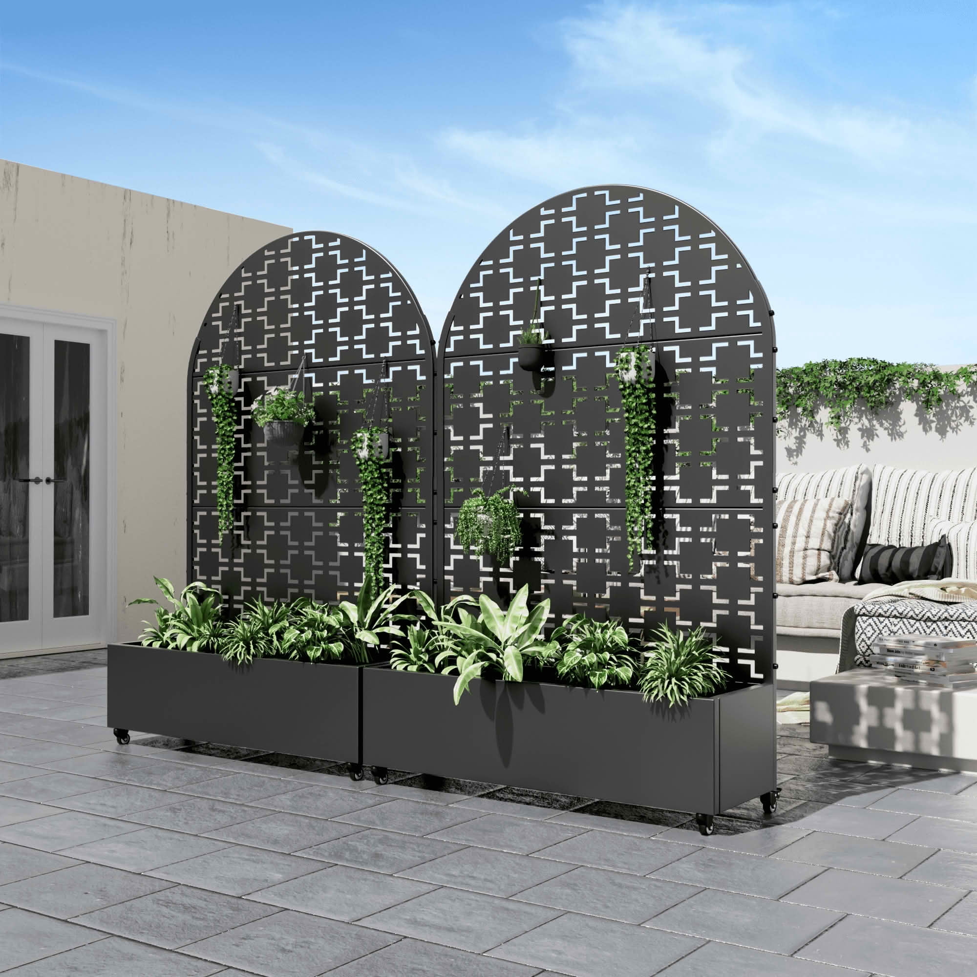 MAYEERTY 72x47x16 Inch Black Metal Arched Planter Box with Trellis, 3 Piece Set for Outdoor Garden & Patio