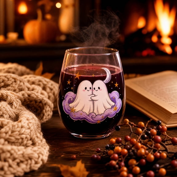 VAIFTILNO Halloween Themed Stemless Wine Glasses, 12oz Handmade 2D Halloween Glass Cups, Spooky Design Drinkware for Parties, Home Decor (More Styles)