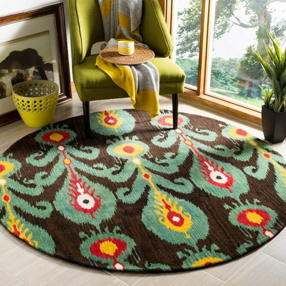 SAFAVIEH Ikat Abbot Southwestern Wool Area Rug, Charcoal/Blue, 6' x 6' Round