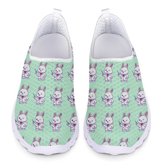 Zapatos casuales con estampado de conejito de enfermera de dibujos animados lindos para damas, zapatillas planas cómodas de verano para mujeres, zapatos de enfermera de trabajo de hospital para mujere