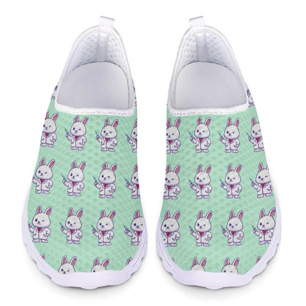 Zapatos casuales con estampado de conejito de enfermera de dibujos animados lindos para damas, zapatillas planas cómodas de verano para mujeres, zapatos de enfermera de trabajo de hospital para mujere