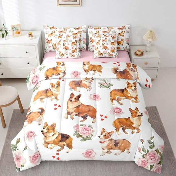 YST Girls Cute Corgi Dog Bedding Set Queen Size 7 Piece Bed in A Bag Puppy Comforter Set for Kids Teens Super Soft All Season for Bedroom,Rose Pet Reversible Bed Sets