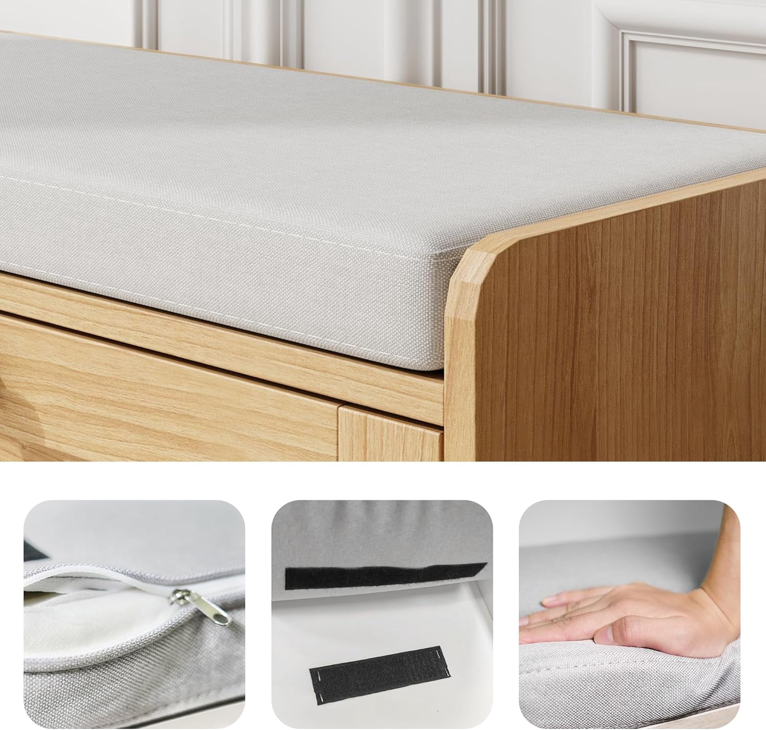 Oak Shoe Bench, Modern Entryway Bench with 2 Flip Drawers, Shoe Rack Bench with Padded Seat Cushion, Wooden Shoe Storage Bench for Entryway, Bedroom and Apartment