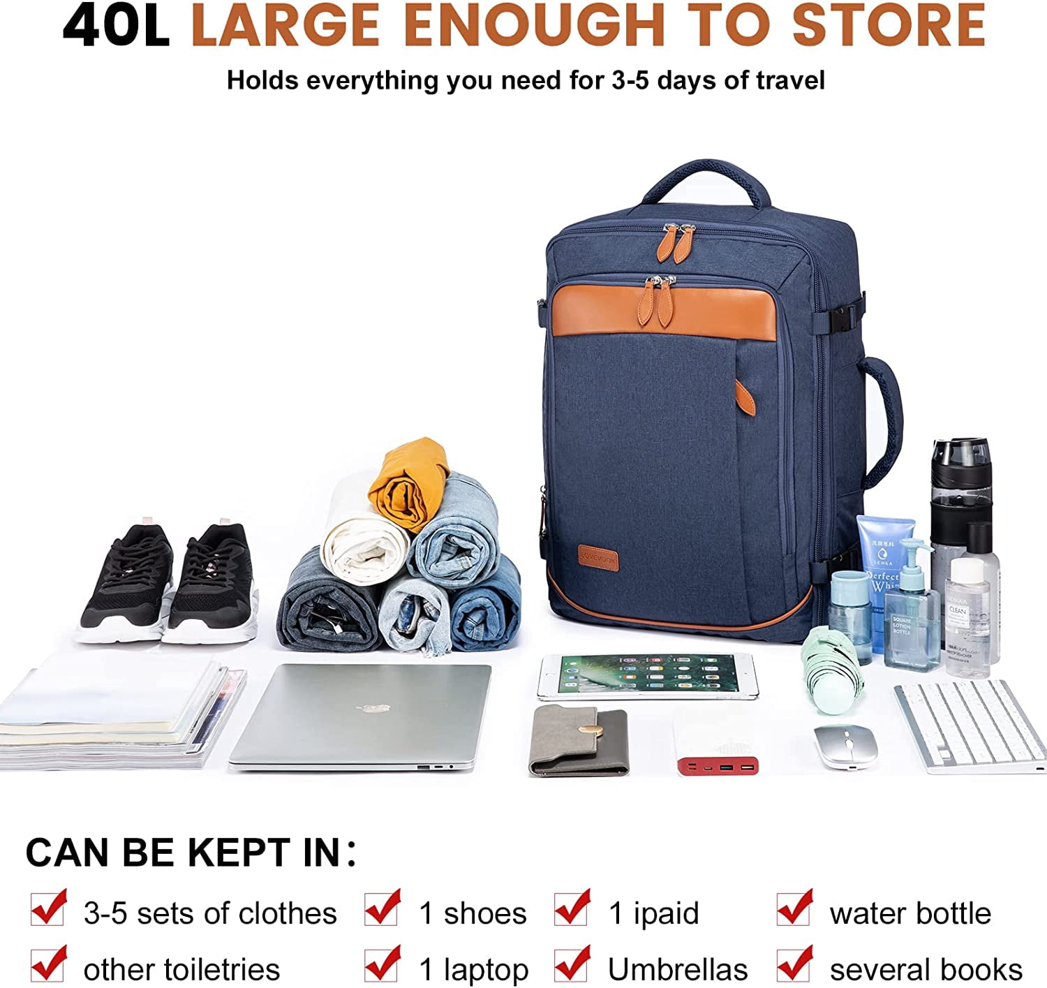 LOVEVOOK College School Backpack, 40L Expandable Carry On Luggage Backpack Flight Approved, Large Waterproof Hiking Outdoor Overnighter Bag for Men Women (Dark Blue)