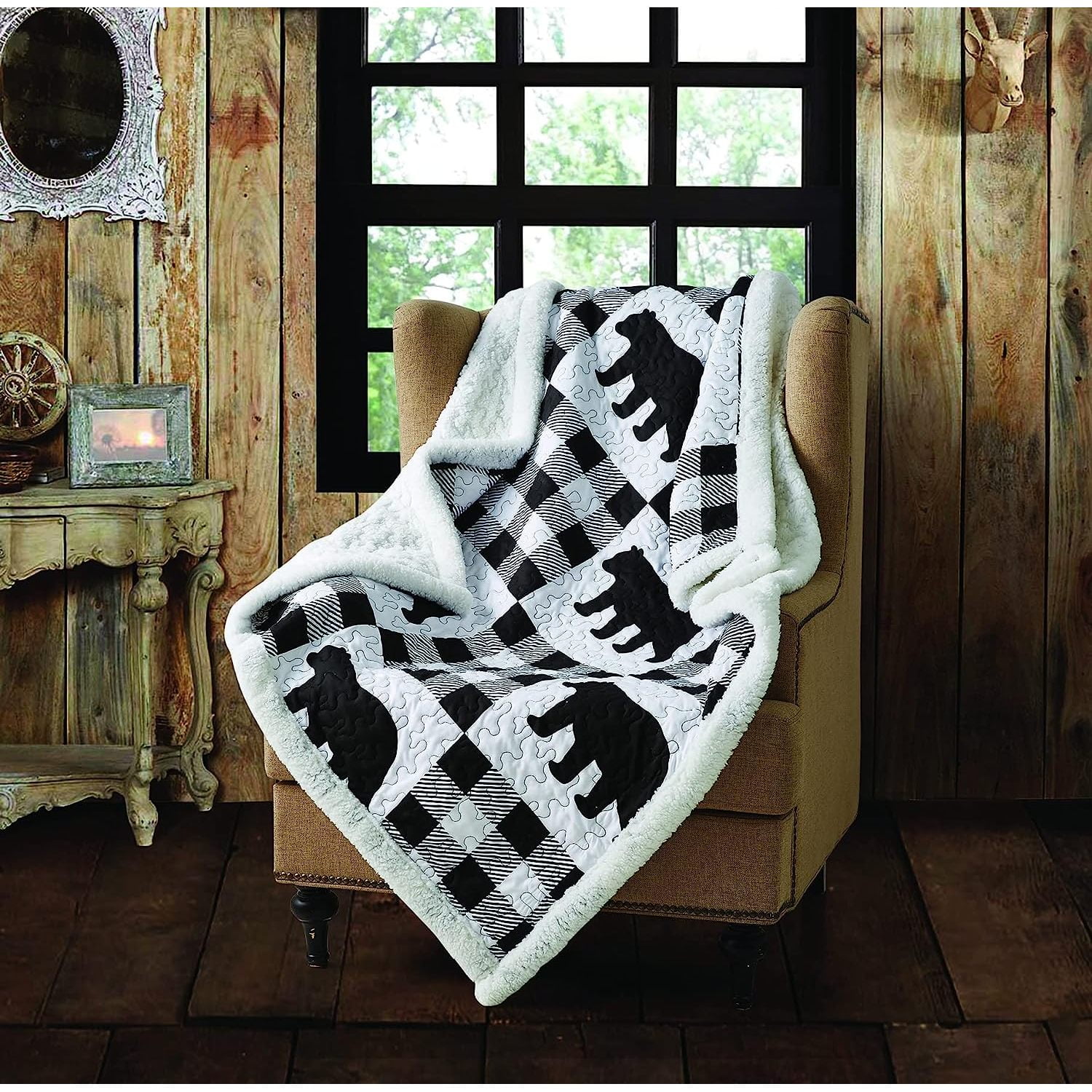 Quilted Bear Throw Blanket for Couch 50" x 60" Rustic Buffalo Plaid