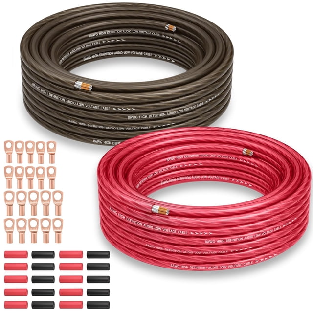 Kit de cables de calibre 8 (25 pies cada uno, rojo/negro), cable principal para automóvil, cable de batería, kit de cableado de amplificador, cable de alimentación y tierra, fusible de coche, 8AWG
