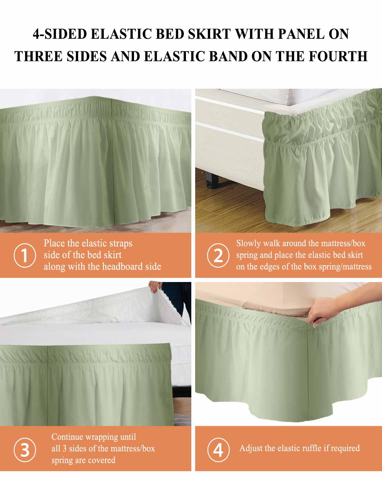 Sage Green Bed Skirt Ombre Solid Color Gradient Modern Art Bed Skirts Queen Size 18 Inch Drop, Wrap Around Dust Ruffle&nbsp;Bedskirt with Adjustable Elastic Belt for Queen Size Beds