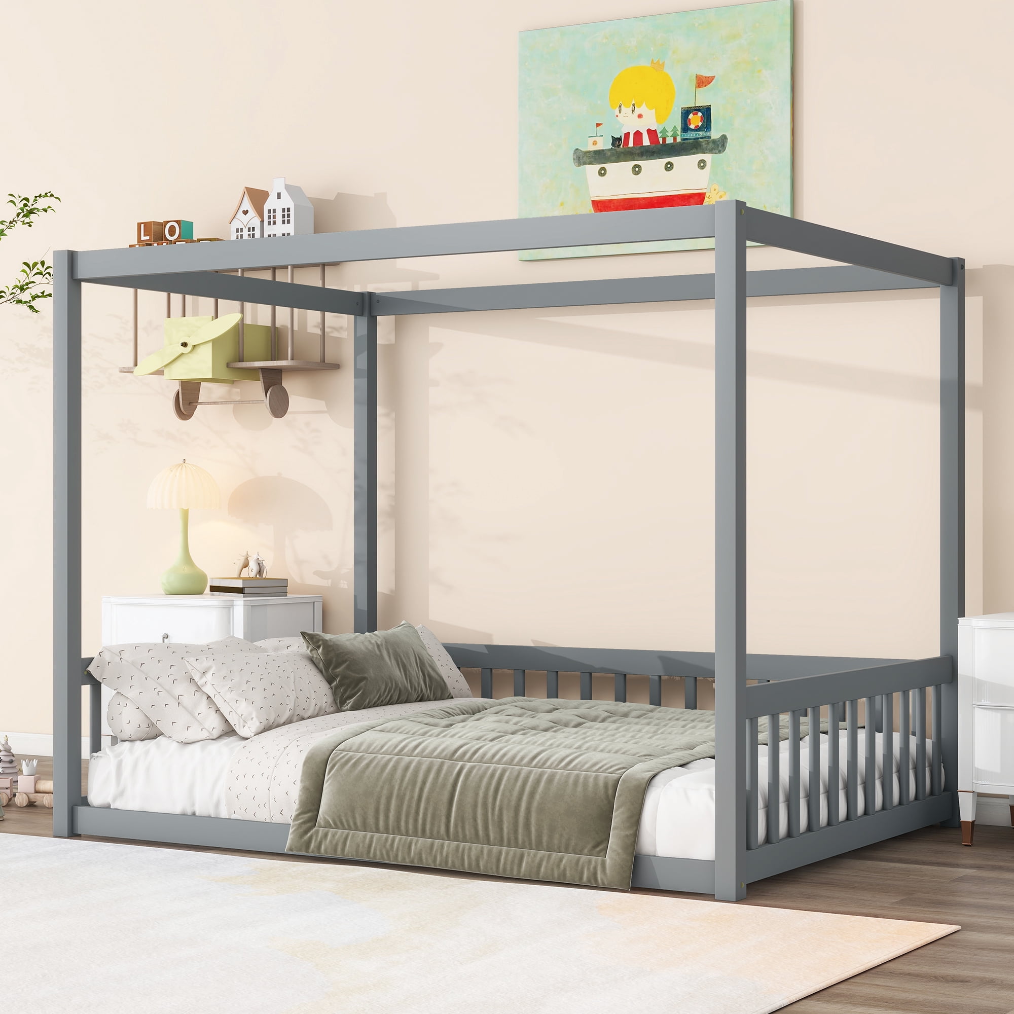 Leumius Full Size Canopy Frame Rubber Wood Floor Bed with Fence,Guardrails for Boys Girls Grey