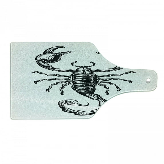 Zodiac Scorpio Cutting Board, Monochrome Sign Sketch Art of a Scorpion Tattoo Animal Horoscopes Theme, Tempered Glass Cutting and Serving Board, Wine Bottle Shape, Black and White, by Ambesonne
