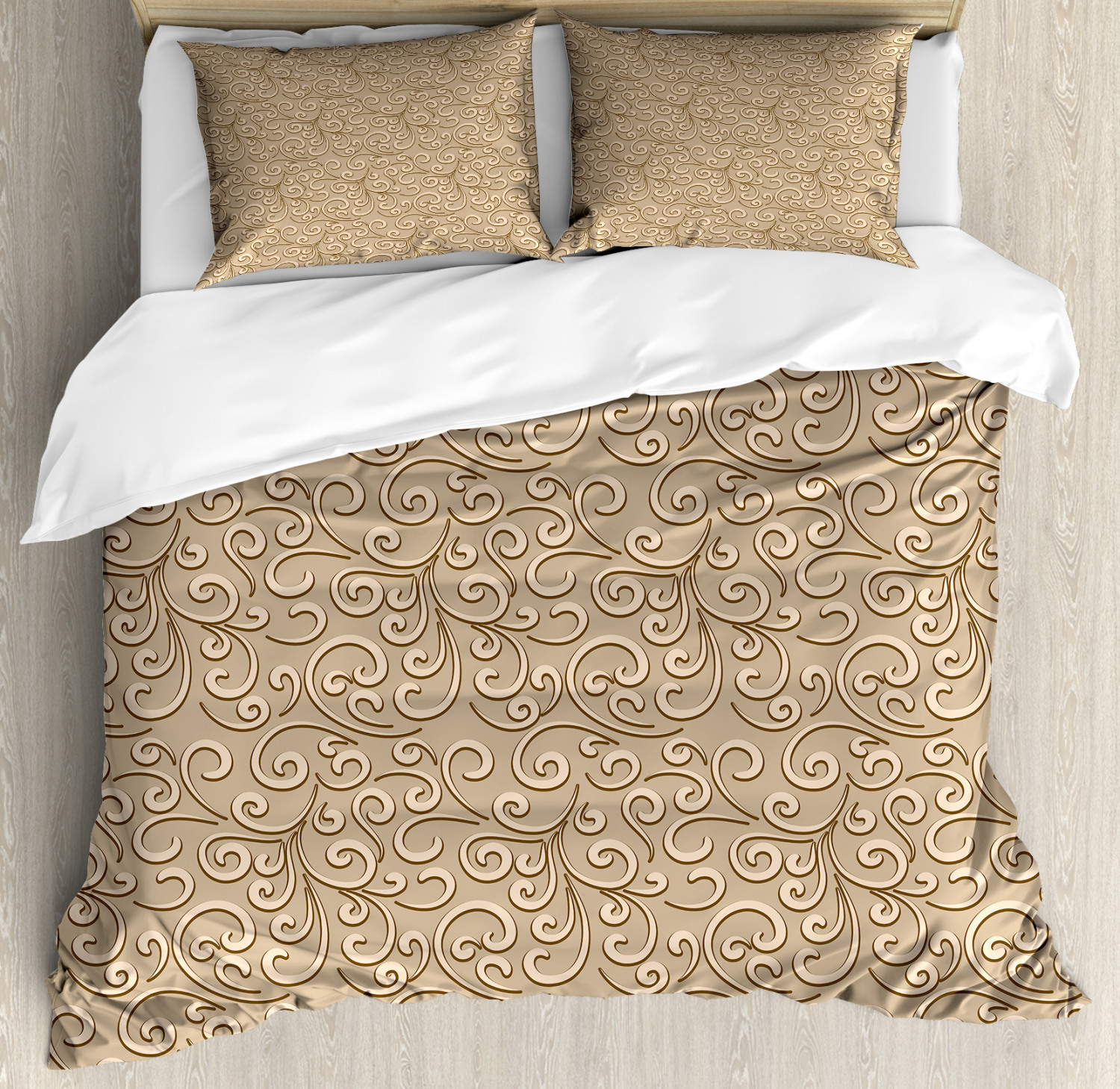 Beige Duvet Cover Set, Floral Swirls Damask Pattern Classic Victorian