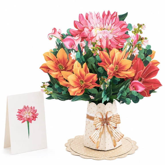 Dahlia FLowers Paper Pop Up Cards, Flower Bouquet 3D Popup Greeting Card, Birthday Cards, Thank You Card, Blank Notecard & Envelope
