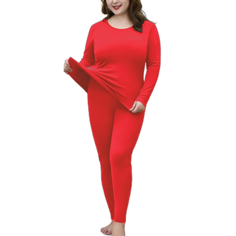 Jusddie Ladies Top And Bottom Suits 2 Pieces Warm Thermal Underwear Solid  Color Base Layer Long Johns Set Sleeve Winter Red 5XL
