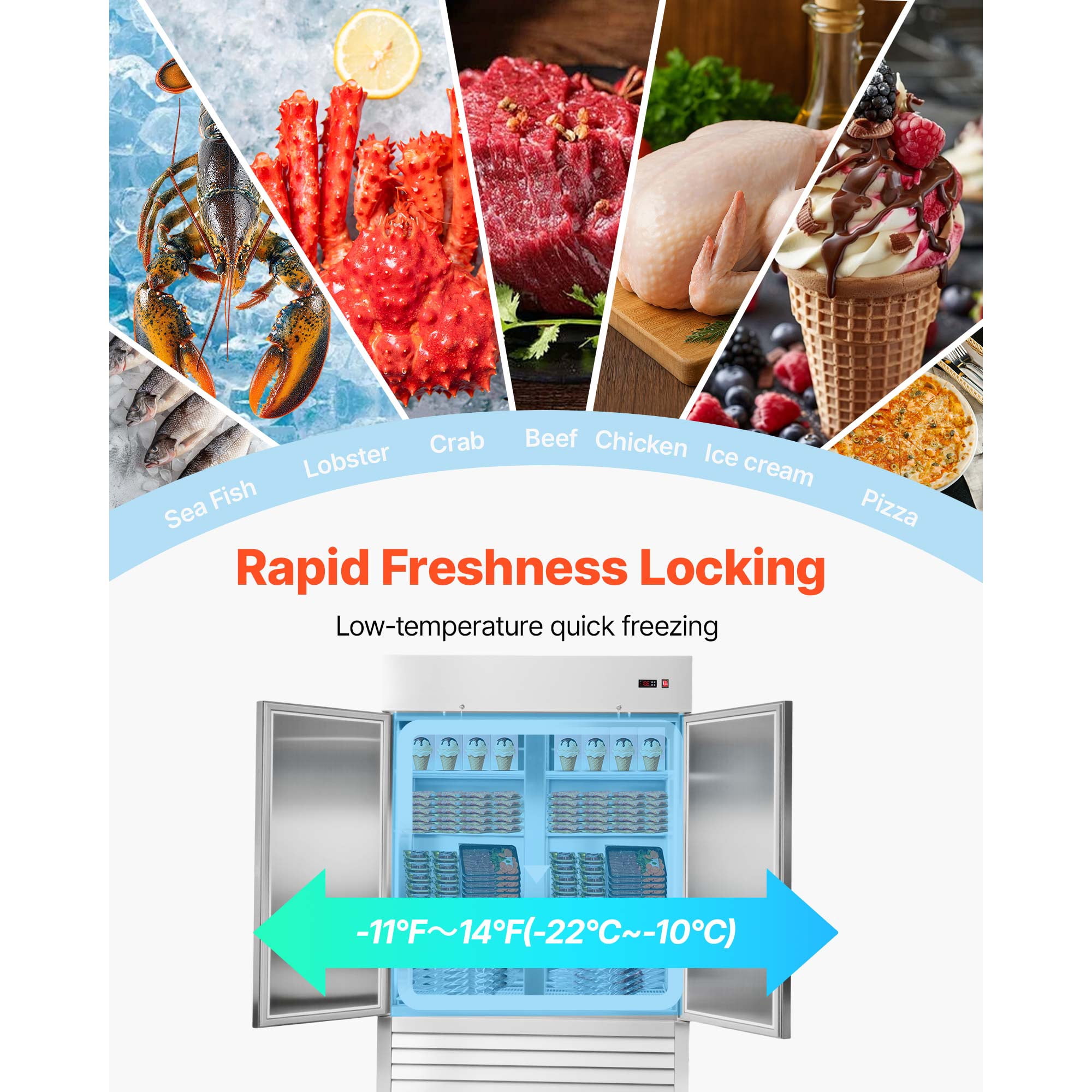 KFFKFF Commercial Stainless Steel Upright Freezer, 54" Wide, 44 Cu.Ft Capacity with Double Doors, Auto-Defrost, 8 Adjustable Shelves, -11 to 14℉ Temperature Range, ETL Certified