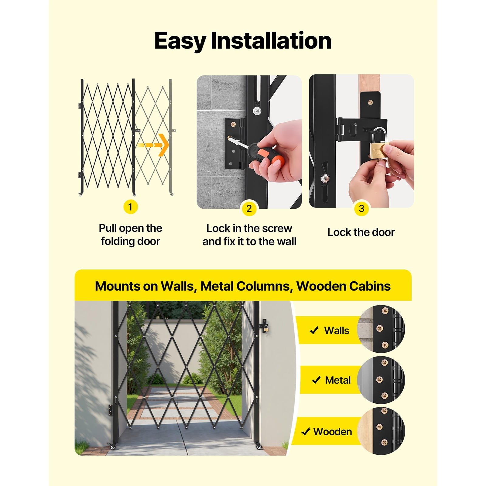 KFFKFF Single Folding Security Gate, Lockable Scissor Gate with Swivel Casters, Steel Retractable Gate for Entry, Garage, Warehouse, and Pool, 49.61 x 77.76 in (W x H)