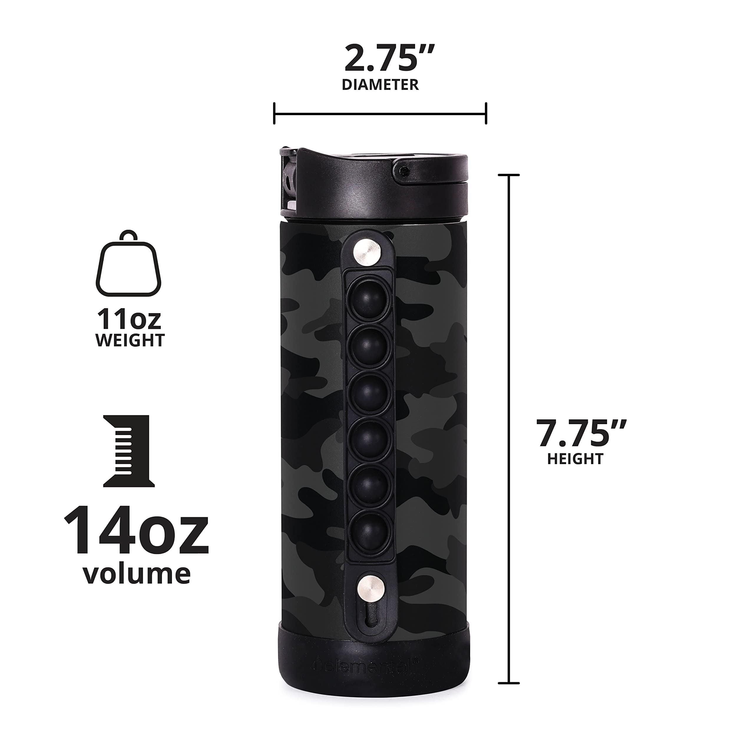 Elemental Iconic Kids Water Bottle with Straw Lid & Stress Reliever Pop It Handle - Leak-Proof When Closed - Triple Insulated Stainless Steel Reusable Thermos Water Bottle - 14oz - Black Camo