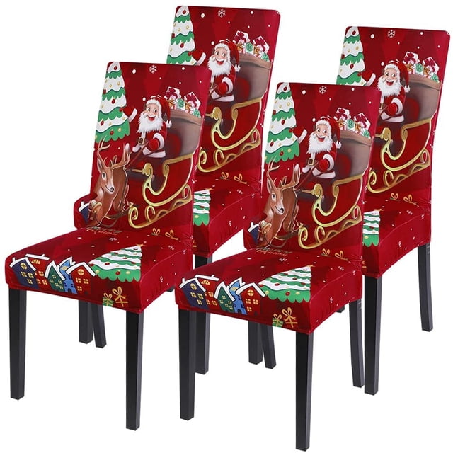 Juego de 4 fundas para sillas navideñas, funda elástica para sillas de comedor navideñas, funda de licra para sillas Parsons para decoraciones navideñas, ceremonias (Papá Noel + alce)