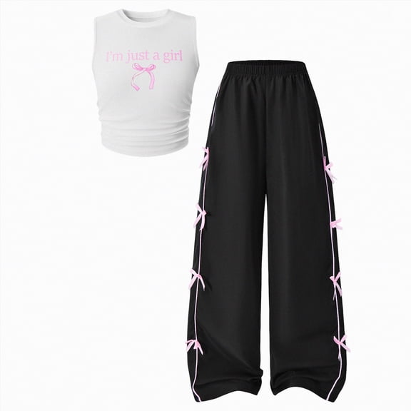 mgoYE Girl Clothes Size 7-8 Tween Girls Clothes Summer 2 Piece Outfit Set Ruffle Cami Top Wide Leg Pants(White,11-12 Years)