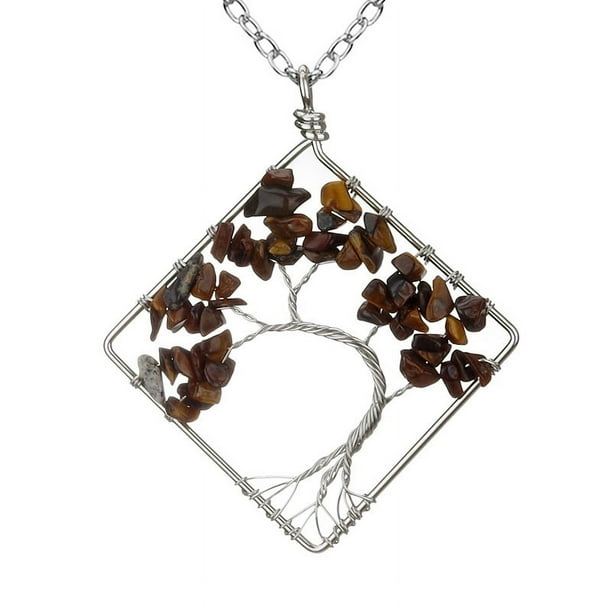 Zhuge Collar con colgante de árbol de la vida, collares, collar con árbol de la vida cuadrado curvo de piedra natural de colores enrollado a mano (marrón)