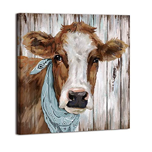 A602 Brown Cow Watercolour Green Funky Animal Canvas Wall Art  Picture Prints 