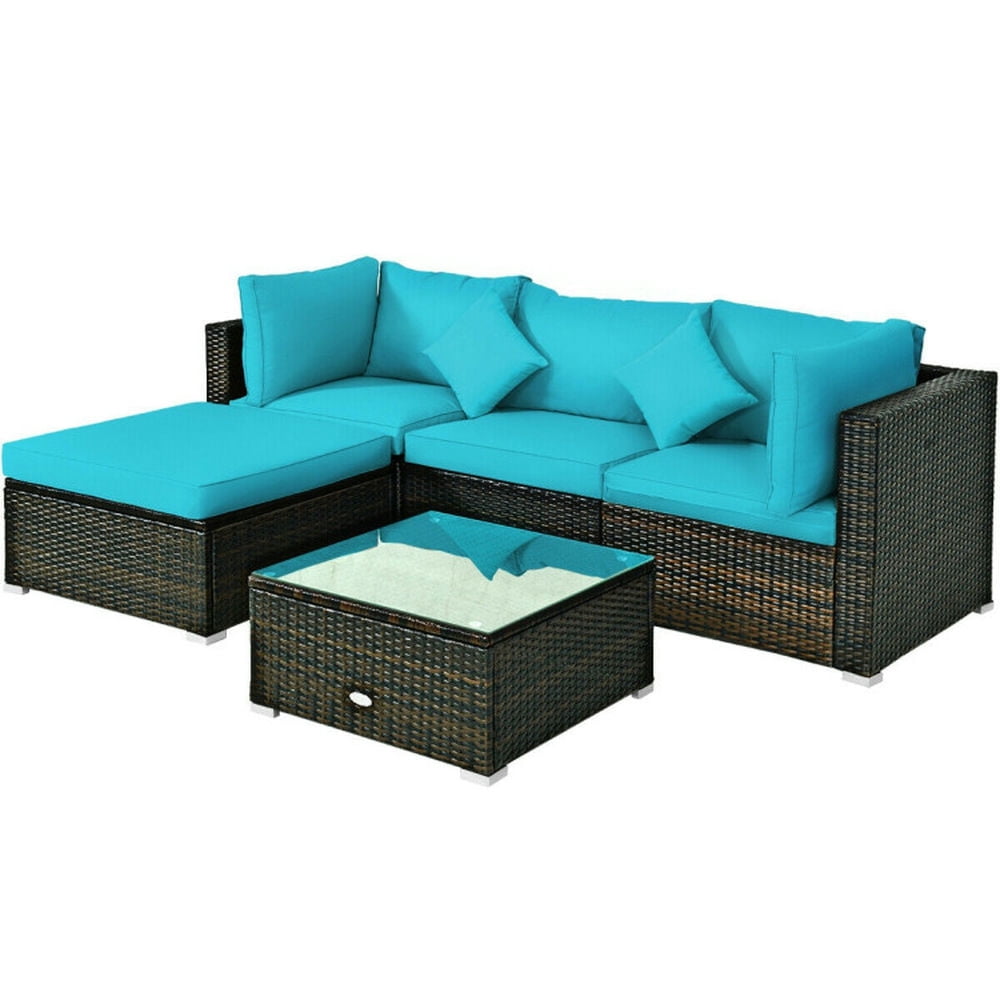Topcobe 5 Pcs Outdoor Patio Rattan Furniture Set Sectional Conversation with Navy Cushions, Outdoor Patio Furniture for Garden Backyard-Turquoise
