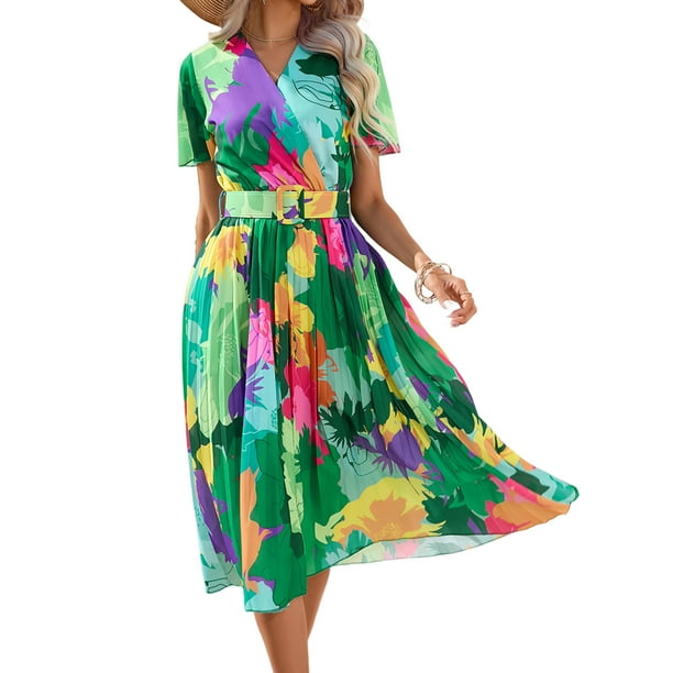 Vestir Falda de playa con estampado floral Cinturón Decoración Midi Vestido de fiesta Uso diario (Verde S) Cgtredaw Para estrenar