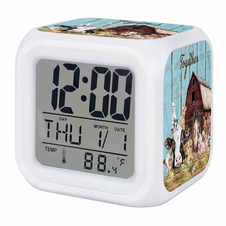 Alarm Clocks Farm Animal Digital Clock 7 Color LED Night Light Silent Non-Ticking Battery Operated Barn Horse Pig Cow Teal Cube Clocks Decorative for Bedroom Bedside Living Room Office School Decor
