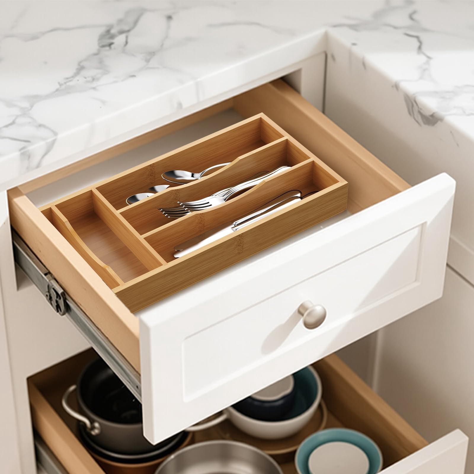Bamboo Kitchen Drawer Silverware Organizer, Silverware Utensils Tray Holder for Small Drawer, Wood Caddy for Flatware Cutlery Knives 5-Slots