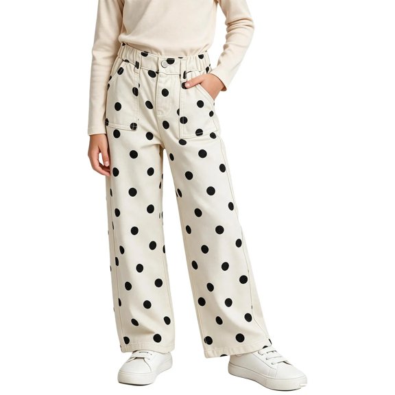 Maqroz Girls Pants Polka Dot Wide Leg Casual Elastic High Waist Trousers Cute Vintage Bottoms with Pockets