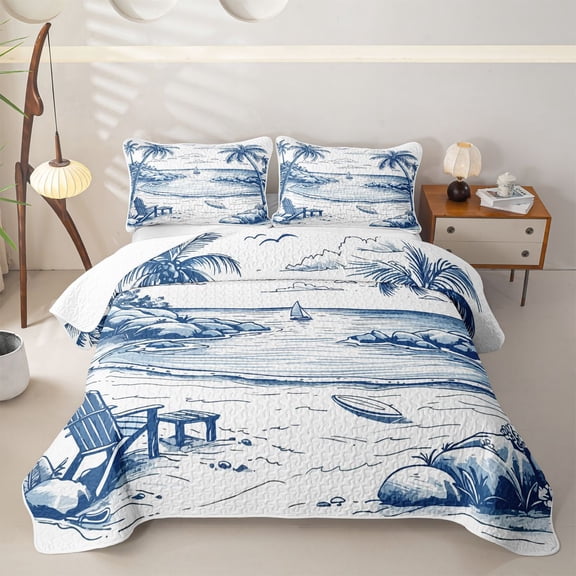 jejeloiu Coastal Sketch Beach Twin Quilt Set,Palm Chair Seascape Twin Coverlet Set For Boys,Blue White,2 Pieces