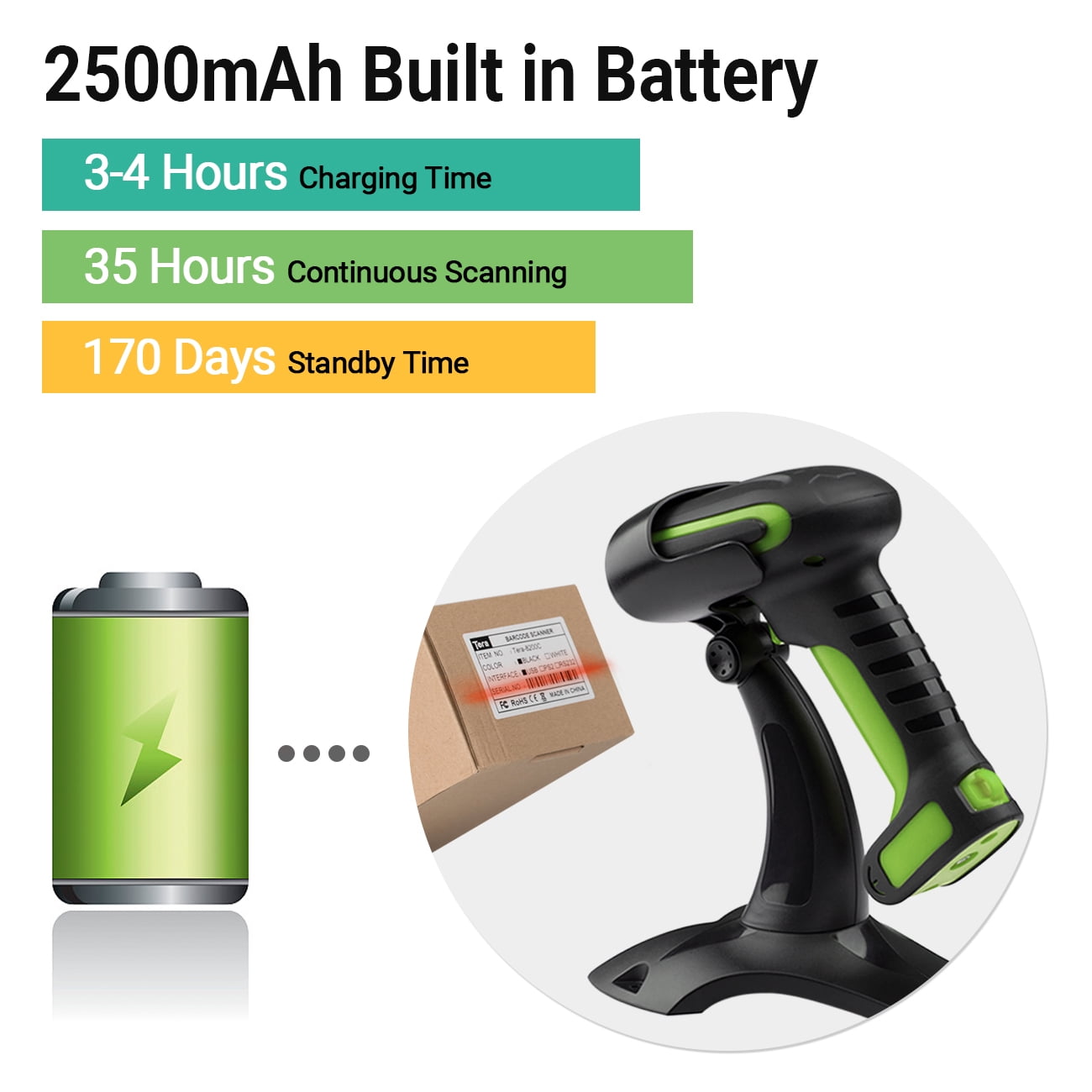 Tera Wireless Industrial 2D Barcode Scanner with Stand 3 in 1 connection  Anti-Drop Bar Code Reader Green 8100