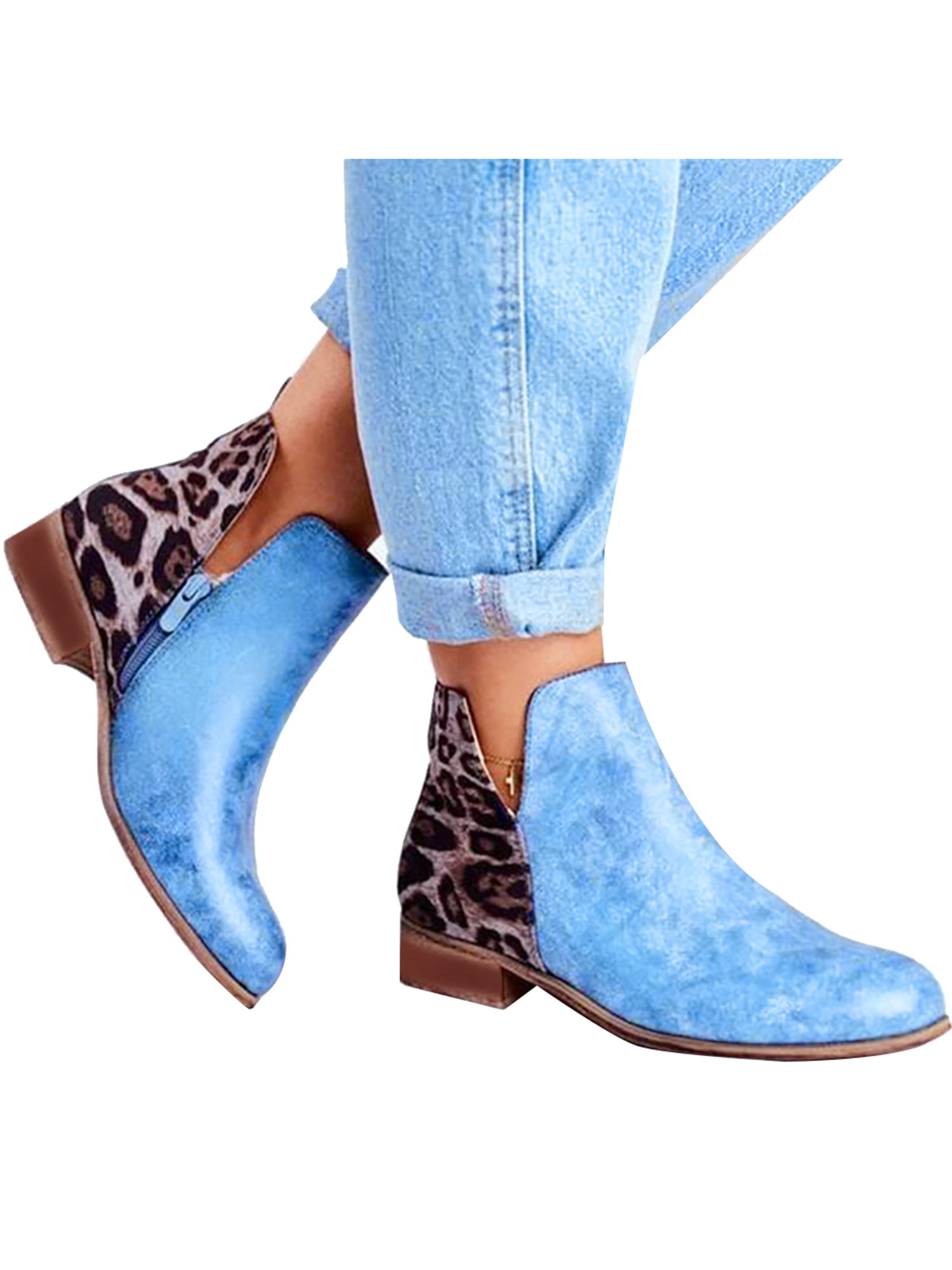 Winter Ankle boots for women Leopard Faux Suede Zip Kitten Heels Casual Booties 