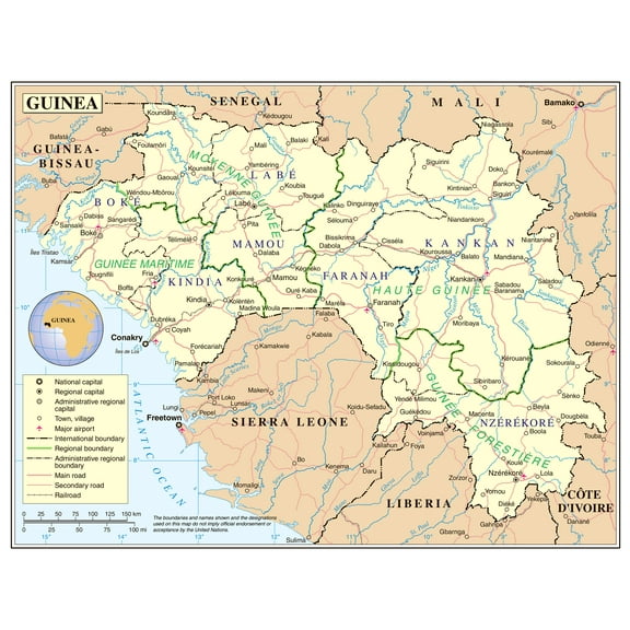 Palmetto Posters 24x31 Laminated Poster: Large detailed political and administrative map of guinea with roads railroads cities and airports