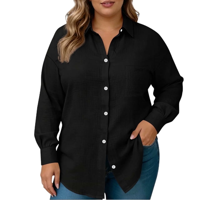 HongQid Women Plus Size Button Down Long Sleeve Shirts Collared Summer Blouse Casual Tops with Pockets