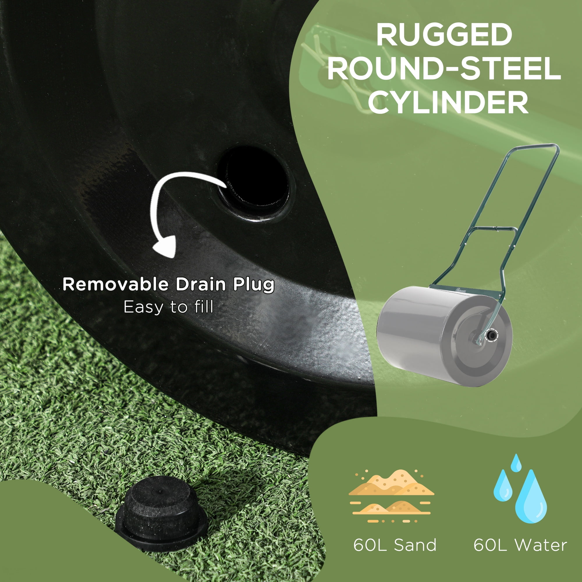 20-Inch Push/Tow Behind Lawn Roller Filled with 16 Gal Water or Sand, Perfect for Flattening Sod in the Garden