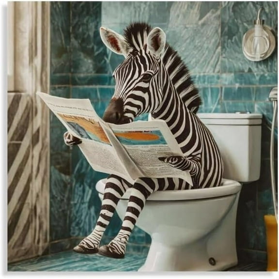 Aaheei Square Canvas Bathroom Decor Zebra Wall Decor Poster Animals Reading Newspaper Theme Bathroom Wall Art Print Toilet Wall Decor Home Gift