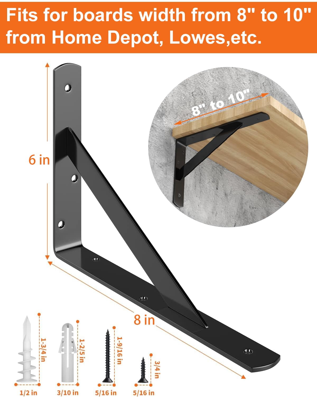 12-pack Heavy Duty Shelf Bracket 8 Inch  Wall Fit For 8 10 Floating Shelves L Brackets With 90 Degree Triangle 250 Lbs Max Load Mounting Hardware Included Black