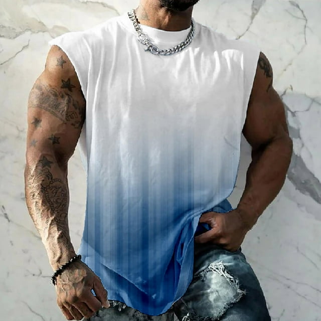 Yieetim Débardeurs Muscle Bleu Ciel pour Hommes, Imprimé Tropical d'Été Mode Décontractée Patchwork Bloc de Couleur Sans Manches, Pull de Vacances Col Rond Débardeur de Sport TTTG - Soldes d'Été
