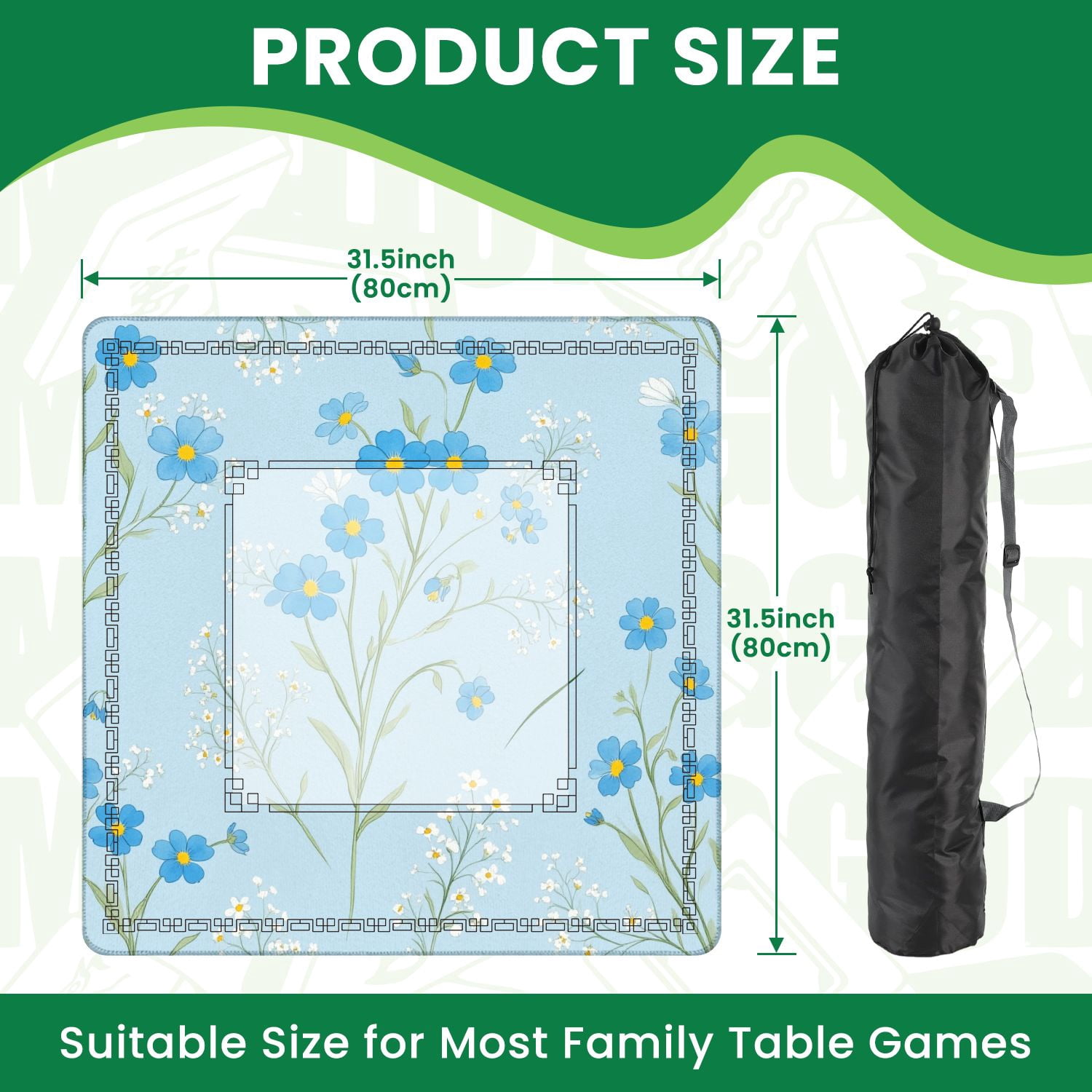 Mahjong Mat 31.5" x 31.5" Blue Wildflowers Breath Botanical Seamless Light Blue Non-Slip Noise Reduction American Mahjong Tiles Table Cover for Dominoes Poker Card Board Games Gift