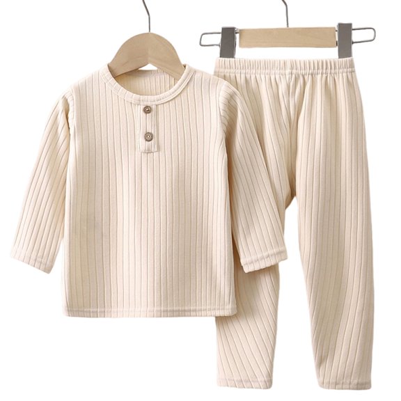 BRGZLK Kids Homewear Solid Color Long Sleeve Long Pants Ribbed Velvet Homewear Set Cozy Fall Winter Casual Daily Wear For Girls Beige 6-7 Years