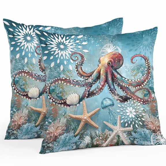Outdoor Pillow Covers 26 x 26 Inches, Coastal Octopus Waterproof Throw Pillow Cover Set of 2, Vintage Teal Nautical Beach Botanical Decorative Square Cushion Covers for Patio/Tent/Couch/Garden