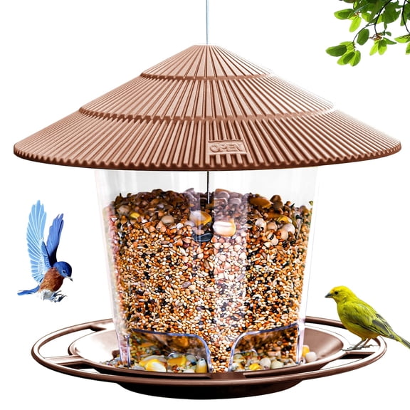 Hanging Bird Feeder for Outdoors with Large Capacity, Squirrel Proof Wild Bird Seed Container, Clear View Plastic Design for Garden or Patio, Brown