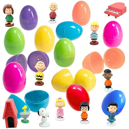 12 Toy Filled Easter Egg Favors with Peanuts Cartoon Figurines - Charlie Brown, Snoopy, and Woodstock